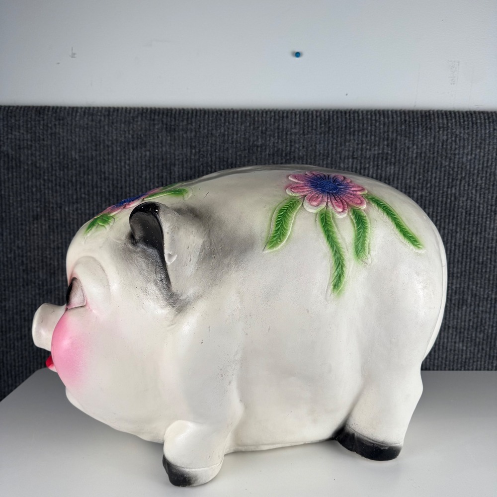 Vintage Large Ceramic Piggy Bank White Pink Floral Hand Painted MCM Kitsch XXL - Picture 2 of 15